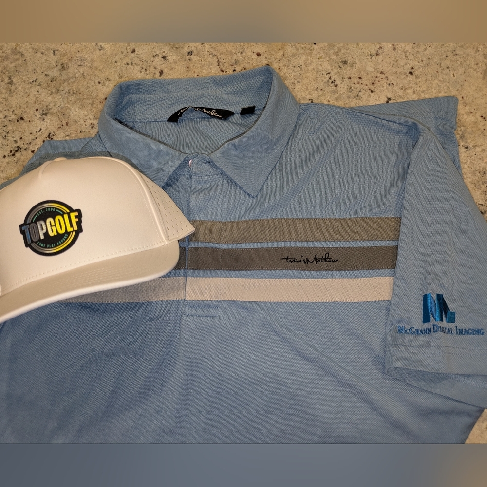 TravisMathew Golf Polo XL Blue Striped + Topgolf Hat NWT Bundle